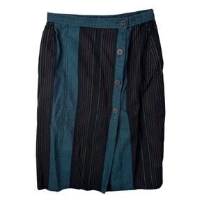 Vintage Wool Midi Skirt 70s Striped Asymmetrical Button Front Black Teal Large